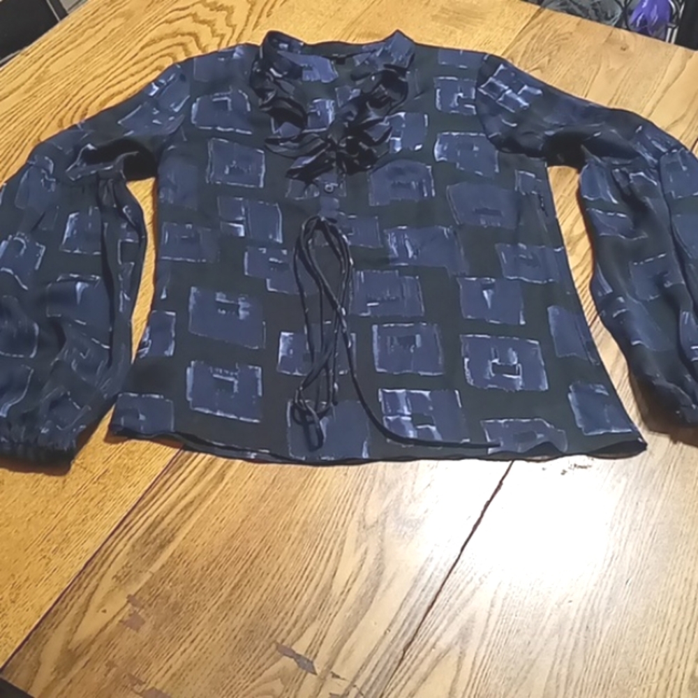 TED BAKER Womens 2 SILK SHEER Top Ruffle Blouse BLUE BLACK Preowned Casual Work